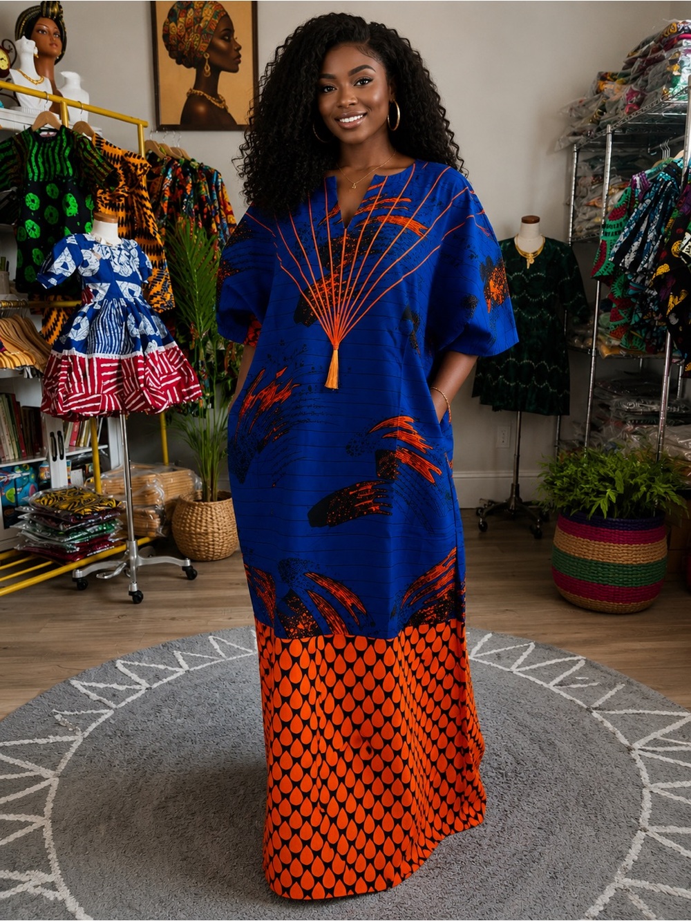 African Ankara Wax Print Blue and Orange Printed Maxi Dress with Tassel Detail
